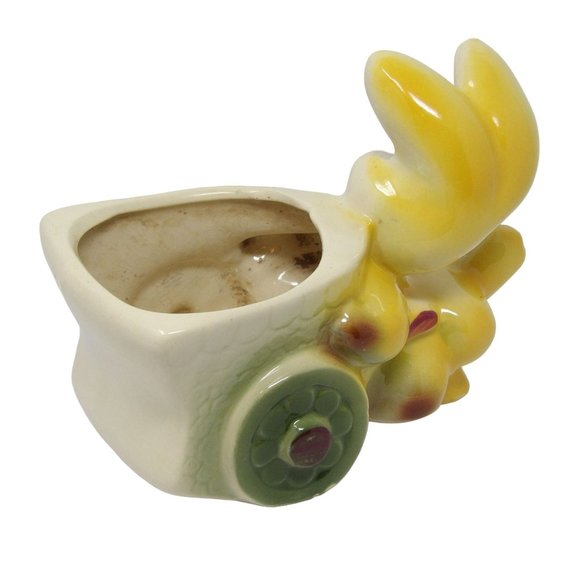 Vintage Kitschy Yellow Bunny Rabbit Pushing Cart Planter 5" H x 6 3/4" L x 3" D - Picture 4 of 10